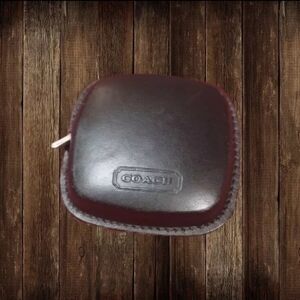 COACH RARE leather mini tape measure Metallic Pewter & Tan Retractable Tape